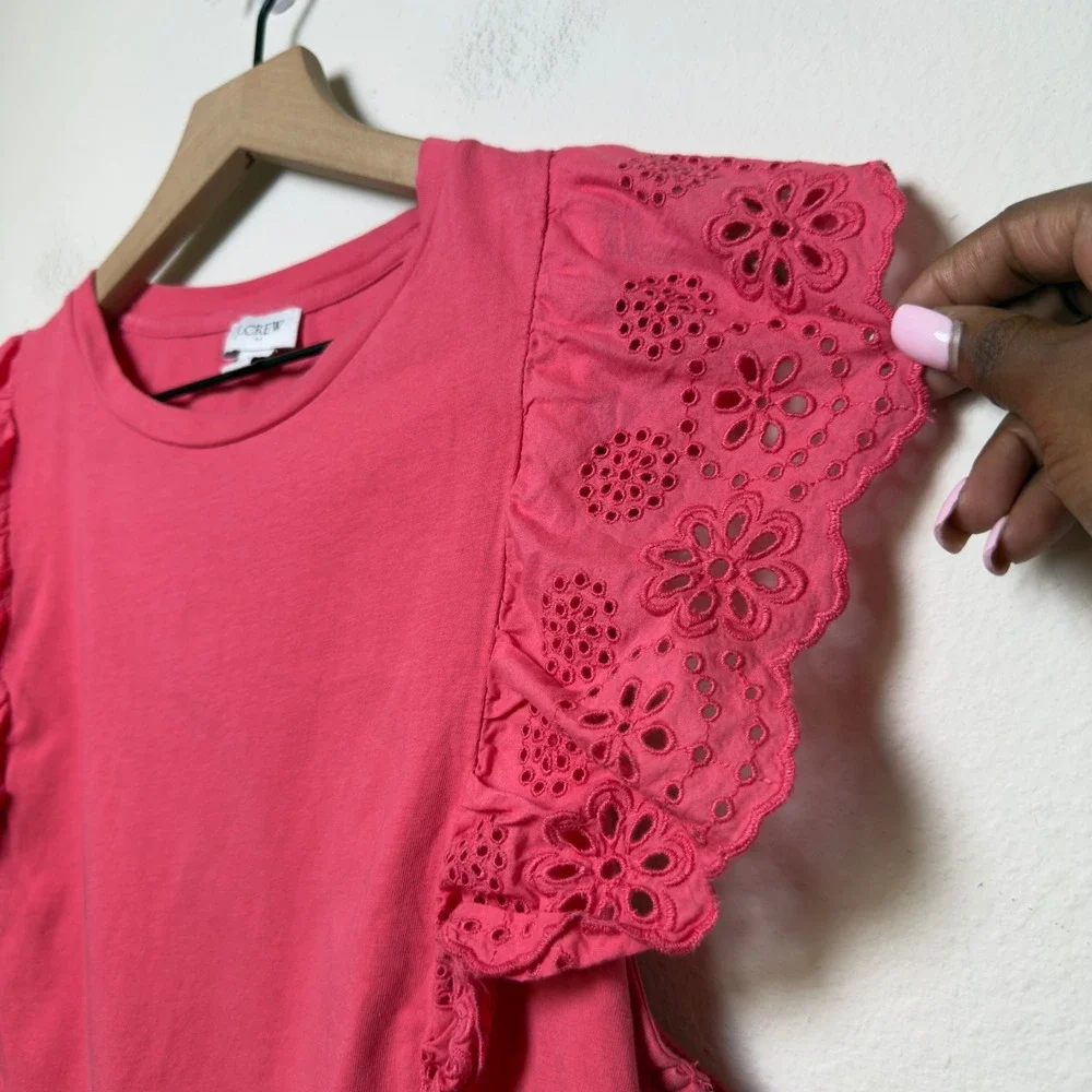 J. Crew Women Preppy 100% Cotton Top XL Pink Eyelet Flutter Ruffle Spring‎ Boho